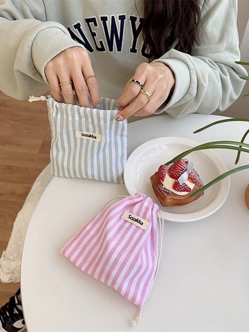 Borsa Portaoggetti Con Coulisse In Tela Di Cotone A Righe Verticali Mini Pochette Per Trucco Organizer Per Gioielli Da Viaggio Portatile Per Donne