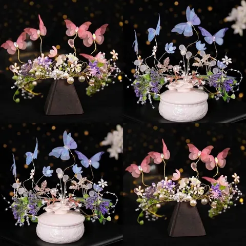 Floral Schmetterling Kranz Stirnband Mit Kunstperlen Stoffblumen Netz Bändern Für Hochzeit Party Blumenmädchen Fee Stil