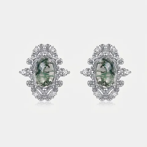 Orecchini A Lobo Ovali Vintage In Agata Muschiata Naturale Con Perno In Argento Sterling 925 Halo In Zirconia