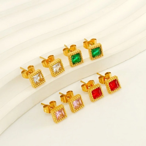 Square Zircon Stud Earrings Stainless Steel 18K Gold Plated Beaded Edge INS Style Jewelry For Women