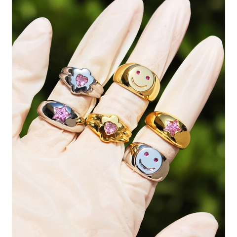 Anillo Ajustable Abierto de Latón con Circonia Rosa Estrella Cara Sonriente Corazón para Mujer Joyería Chapada Oro Plata