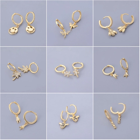 Fashion Copper Hoop Earrings With Zircon Animal Star Cross Symbols Charms Pendants For Women Dainty Jewelry Gift