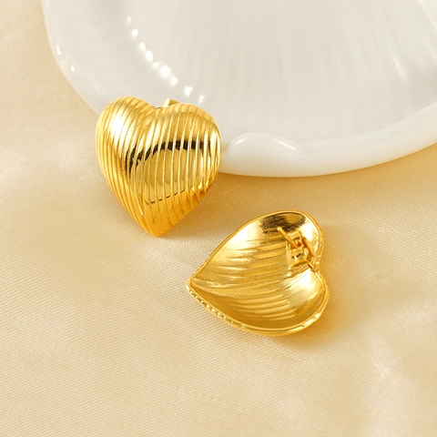 18K Gold Plated Stainless Steel Stud Earrings For Women Ribbed Geometric Heart Round Square Minimalist Vintage Jewelry