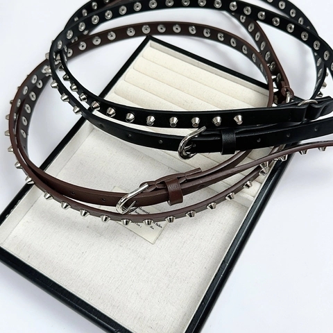 Punk Studded Belt For Women Y2K Gothic PU Leather Slim Waistband With Metal Rivets And Alloy Buckle Streetwear