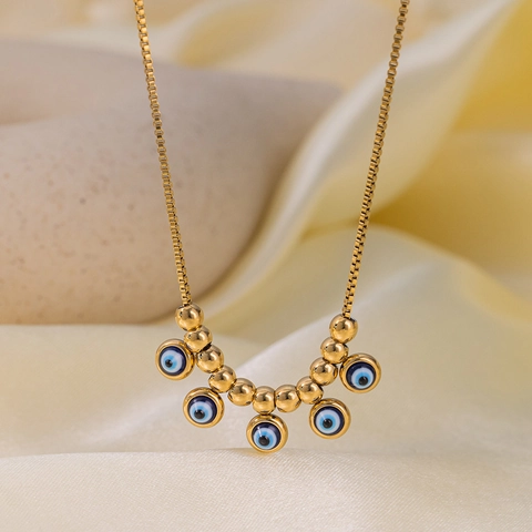 Collana Bracciale Cavigliera in Acciaio Inossidabile Malocchio per Donna Placcato Oro 18K Occhio Blu Strass Gioielli Catena a Box