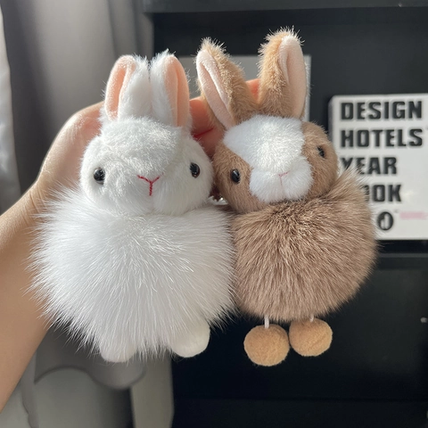 Fluffy Rabbit Keychain Real Fox Fur Pom-pom Bag Charm Cute Animal Pendant Plush Toy For Women Girls Gift