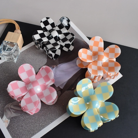 Hair Claw Clips Checkerboard Pattern Plastic Rectangle Flower Shape Retro French Style Non Slip Hair Clamps For Women