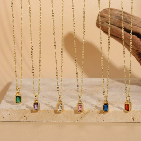 Minimalist Rectangular Zircon Pendant Necklace Copper 14K Gold Plated Emerald Cut Colorful Jewelry For Women