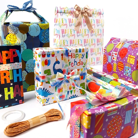 Happy Birthday Gift Wrapping Paper Coated Paper Colorful Cartoon Dinosaur Balloon Pattern Decorative For Kids Party