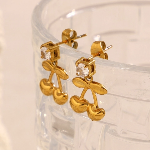 Boucles D'oreilles Cerise Acier Inoxydable Plaqué Or 18K Zircon Forme Fruit Style INS Mode Versatile Femme