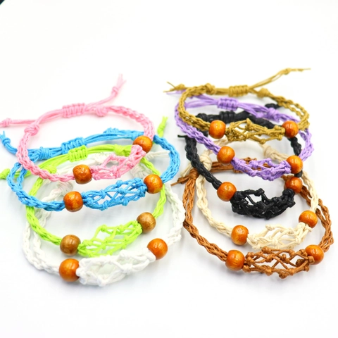 Cordón De Collar De Jaula De Red Tejido A Mano Soporte De Piedra Ajustable Pulsera Con Cuentas Madera Estilo Bohemio