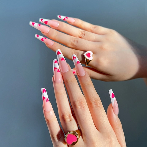 Press On Nails Long Coffin Shape Pink White French Tip Heart Patterns Fake Nails Sweet Style For Women