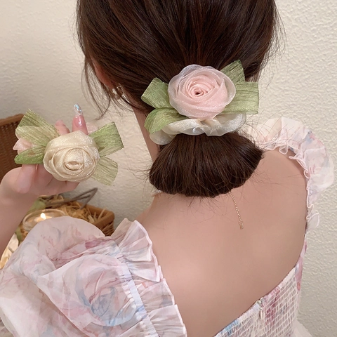 Rosenblüten Haargummi Organza Mesh Elastische Große Scrunchies Handgefertigt Romantisch Süß Floral Elegant Damen
