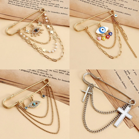 Retro Alloy Evil Eye Tassel Chain Brooch For Women Rhinestone Artificial Pearl Star Cross Pendant Fashion Safety Pin Jewelry