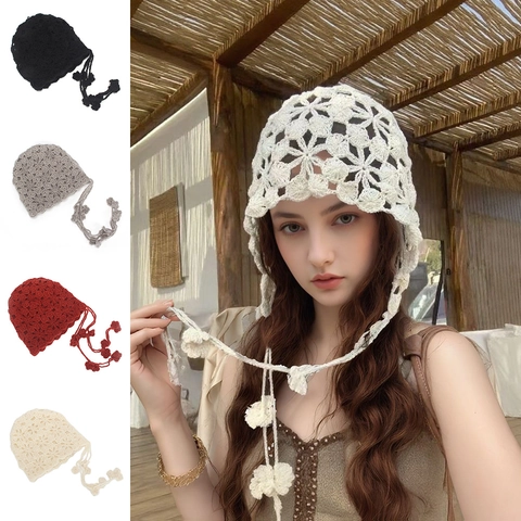 Handmade Crochet Hollow Out Flower Knit Beanie Hat For Women Retro Japanese Style Acrylic Bonnet Skull Cap With Straps
