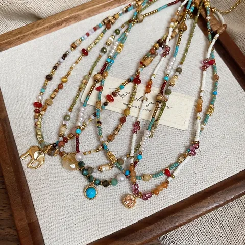 Collar De Cuentas Bohemio Con Colgante De Elefante Aleación Vidrio Piedra De Imagen Estilo Étnico Retro Joyería Para Mujer