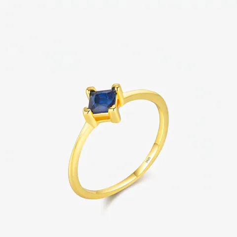 Minimalist Square Blue Cubic Zirconia Ring 925 Sterling Silver Gold Plated Four Prong Jewelry Gift For Women