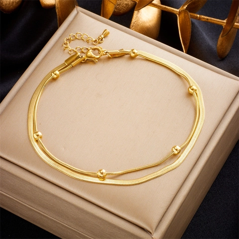 Double Layer Stainless Steel Gold Plated Snake Bone Chain Anklet With Beads For Women Minimalist Summer Beach Travel Jewelry