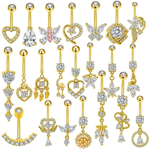 Piercing Ombelico Placcato Oro Acciaio Inossidabile Rame Zirconia Pendente Anello Ombelico Donne Cuore Farfalla Gioielli
