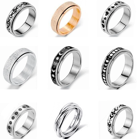 Rotatable Spinner Ring Titanium Stainless Steel Anxiety Stress Relief Star Moon Chain Pattern Unisex Jewelry