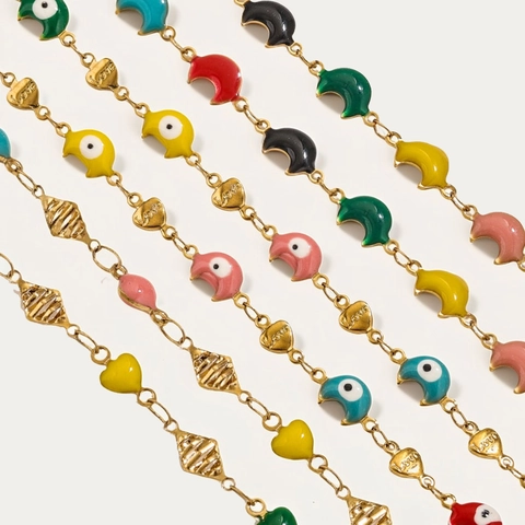 Stainless Steel Enamel Evil Eye Moon Heart Love DIY Jewelry Making Chain 18K Gold Plated Handmade Necklace Bracelet Accessory