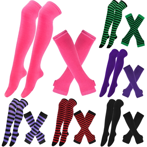 Striped Thigh High Socks And Arm Warmers Polyester Cotton Knit Over The Knee Stockings Long Fingerless Gloves Halloween Cosplay