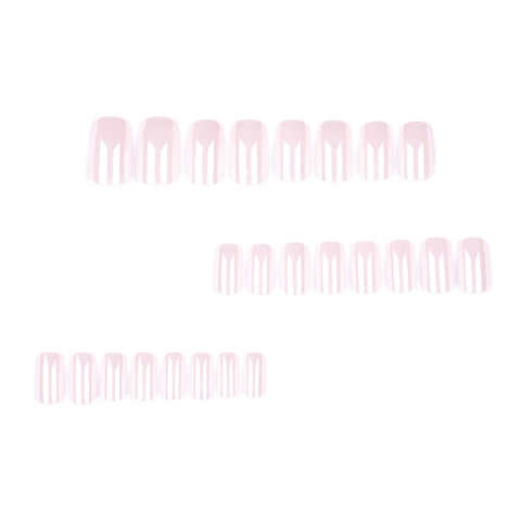 Unghie Finte Rosa Perla Artificial Corte Quadrate Lucide Copertura Totale Strisce Bianche Motivo Geometrico Manicure Per Donne