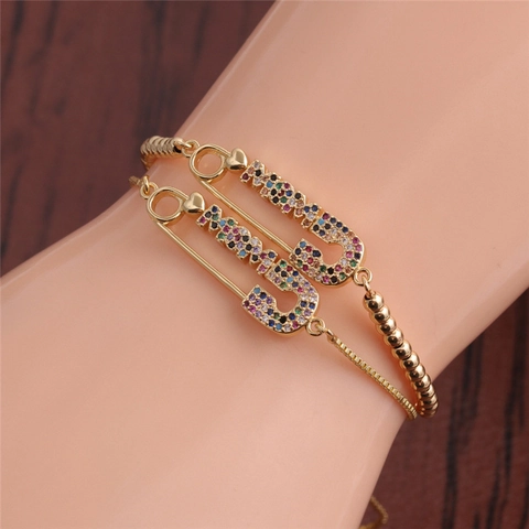 Fashion Bracelet Copper Cubic Zirconia Safety Pin Letter Charm Adjustable Box Chain Jewelry For Women Mother Gift