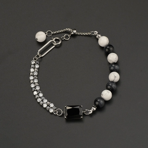 Hip Hop Naturstein Armband Titanstahl Rechteckiger Schwarzer Edelstein Strass Verstellbarer Schmuck Für Damen Herren