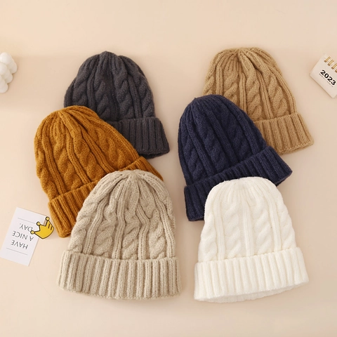 Gorro Beanie De Punto De Cable Grueso De Acrílico Para Niños Y Adultos Invierno Cálido A Prueba De Viento Con Dobladillo Color Sólido
