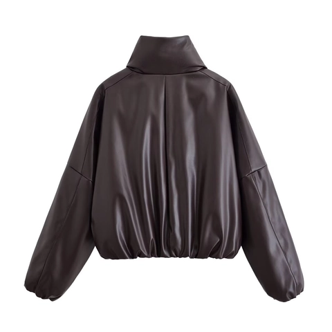 Giacca Imbottita In Ecopelle Da Donna Cerniera Collo Alto Oversized Corta Piumino Invernale Casual Marrone