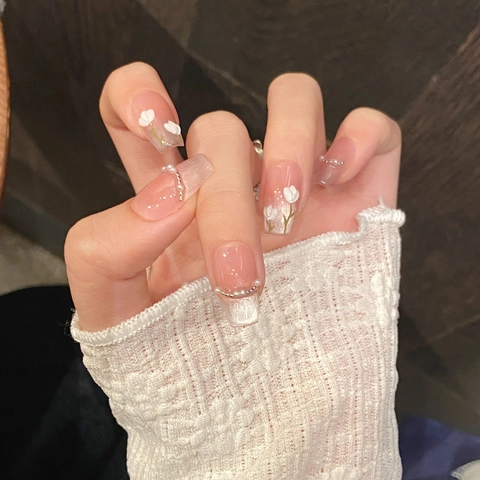 Handmade Press On Nails Pink Ombre Tulip Design Artificial Pearl Cat Eye Small Fresh Minimalist Elegant Style For Women