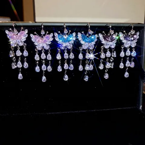 Schmetterling Quasten Ohrhänger Zirkon Kupfer Mit Silbernem Ohrstecker Lange Wassertropfen Anhänger Modeschmuck Damen