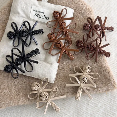 Vintage Leather Double Bow Hair Clip Braided Knot Duckbill Clip Korean Style Sweet Hair Accessory For Women Girls
