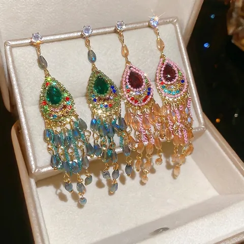 Orecchini Bohemien A Nappa Lunga Con Perno In Argento Sterling 925 Goccia D'acqua Strass Colorati Vintage Per Donna