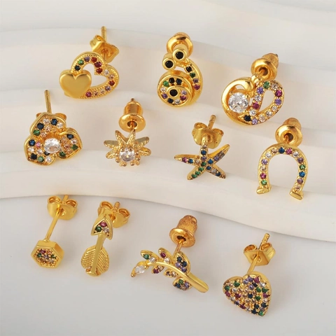 Fashionable Gold Copper Stud Earrings For Women Colorful Rhinestone Geometric Starfish Heart Shape Inlaid Trendy Jewelry