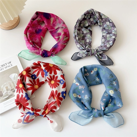 Gebloemde Vierkante Sjaal Katoen Polyester Ademend Lichtgewicht Halsdoek Elegant Botanisch Patroon Voor Dames