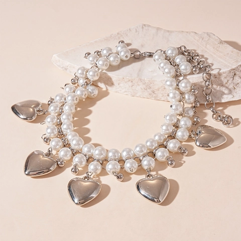 Vintage Y2K Dubbellaagse Kunstparelketting Met Metalen Hartjes Mode Sleutelbeenketting Voor Dames