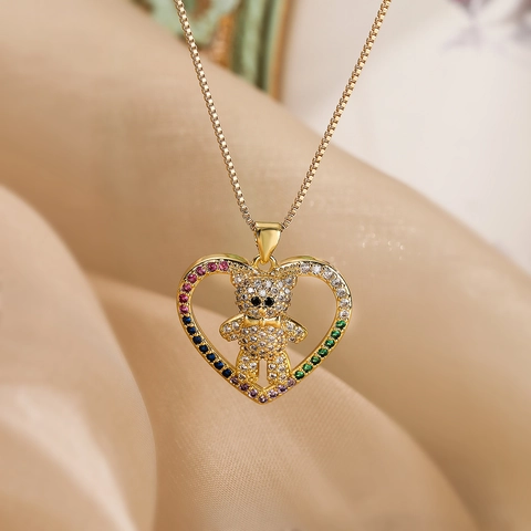Herz Teddybär Anhänger Halskette 18K Vergoldetes Kupfer Bunte Zirkonia Schlüsselbein Kette Für Damen Eleganter Schmuck