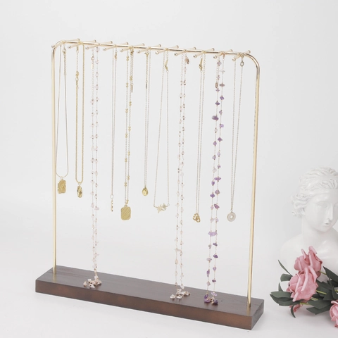 Jewelry Display Stand Necklace Rack Metal With Wood Base Desktop Earring Organizer Holder Multi Hook Boutique Countertop