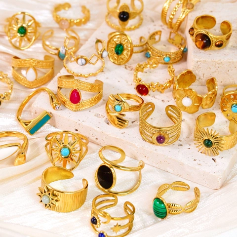Stainless Steel Gold Plated Adjustable Open Rings For Women Men Vintage Bohemian Celestial Pattern Rhinestone Inlaid Ring Jewelry