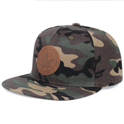 Cappello Snapback Misto Cotone Visiera Piatta Regolabile Camouflage Hip Hop Streetwear Uomo Donna Toppa In Pelle Motivo Foglia