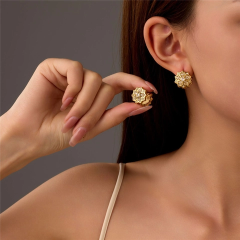 Luxury Stainless Steel Rhinestone Stud Earrings For Women Korean Style Gold Plated Geometric Flower Cube Round Earring Jewelry