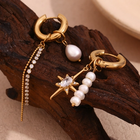 Boucles Oreilles Pendantes Asymétriques Acier Inoxydable Perle Eau Douce Zircon Étoile Huit Branches Chaîne Femmes