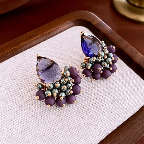 Purple Teardrop Zircon Drop Earrings Copper Beaded Retro Bohemian Geometric Luxury Jewelry With Silver Earring Post