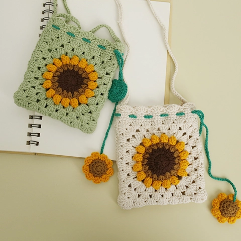 Handmade Crochet Sunflower Crossbody Bag Cotton Knit Small Purse For Kids Sweet Floral Pocket