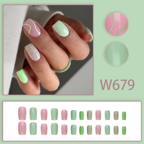 Glossy Square Press On Nails Green Pink Wave Pattern Glitter Artificial Fake Nails For Women Elegant Chic