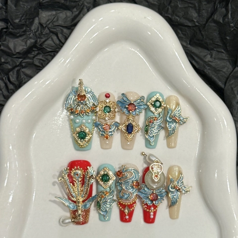 Handmade Chinesischer Stil Künstliche Nägel Langer Sarg Dreidimensionaler Phönix Schmetterling Künstliche Perle Strass Braut Hochzeit Rot