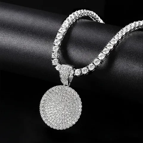 Collana con Ciondolo Rotondo Hip Hop Iced Out Ottone Zirconia Micro Pave Medaglione Circolare Oro Argento Uomo Donna