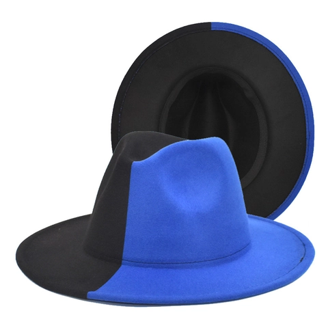Tweekleurige Color Block Fedora Hoed Brede Rand Wolvilt Jazz Hoed Voor Heren Dames Gradiënt Patchwork Mode Elegant